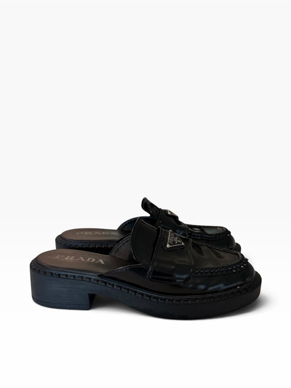 Prada Black Patent Leather Slip-On classic prada logo slides mules - Picture 5 of 12